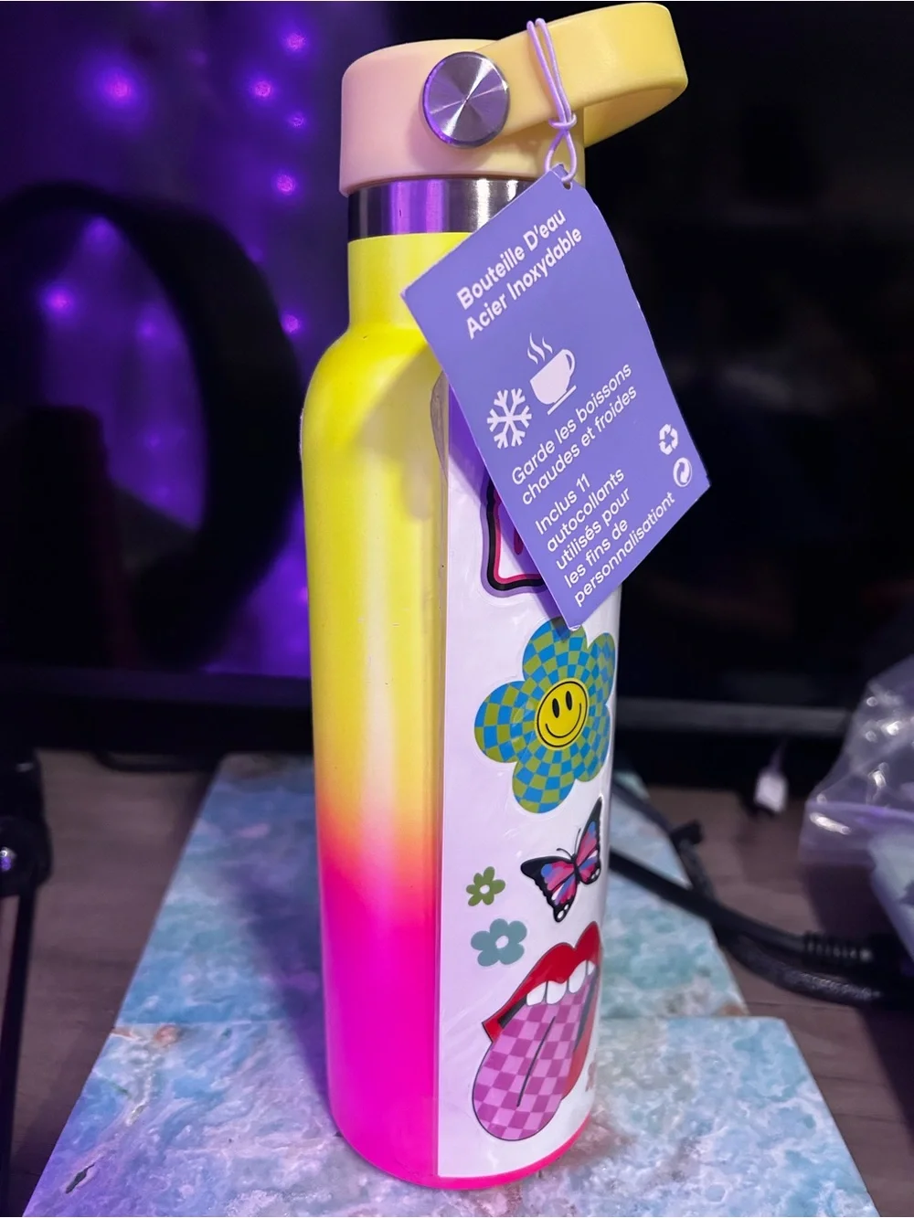 Claire's Yellow and Pink Retro Sticker Kids Water Bottle